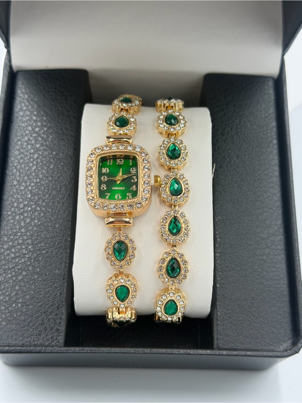 Gold Tone Watch & Bracelet Set with Emerald Green Stones